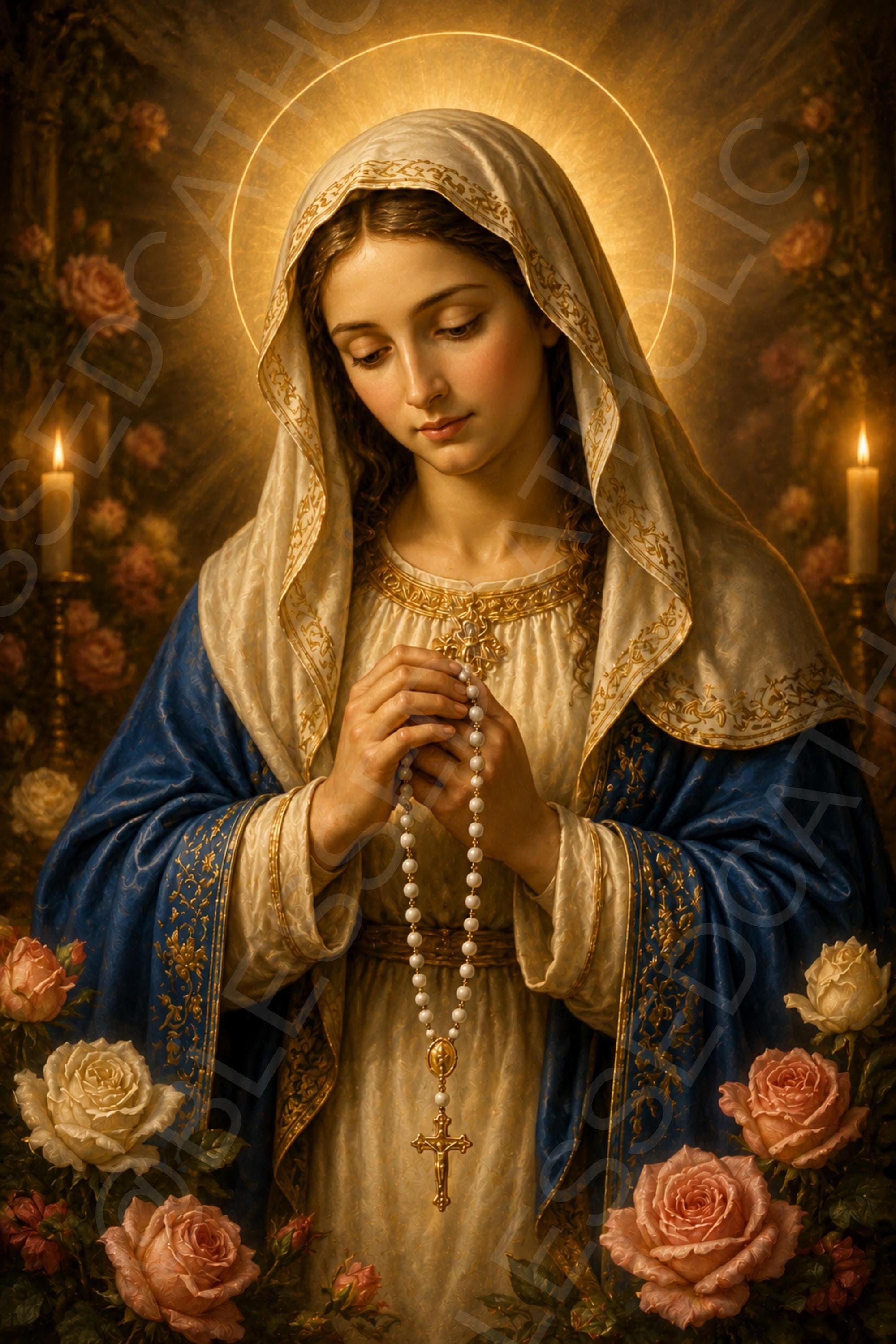 Our Lady of the Rosary holds a rosary in prayer, wearing a blue mantle and white veil, with a golden halo, candles, and roses around her.