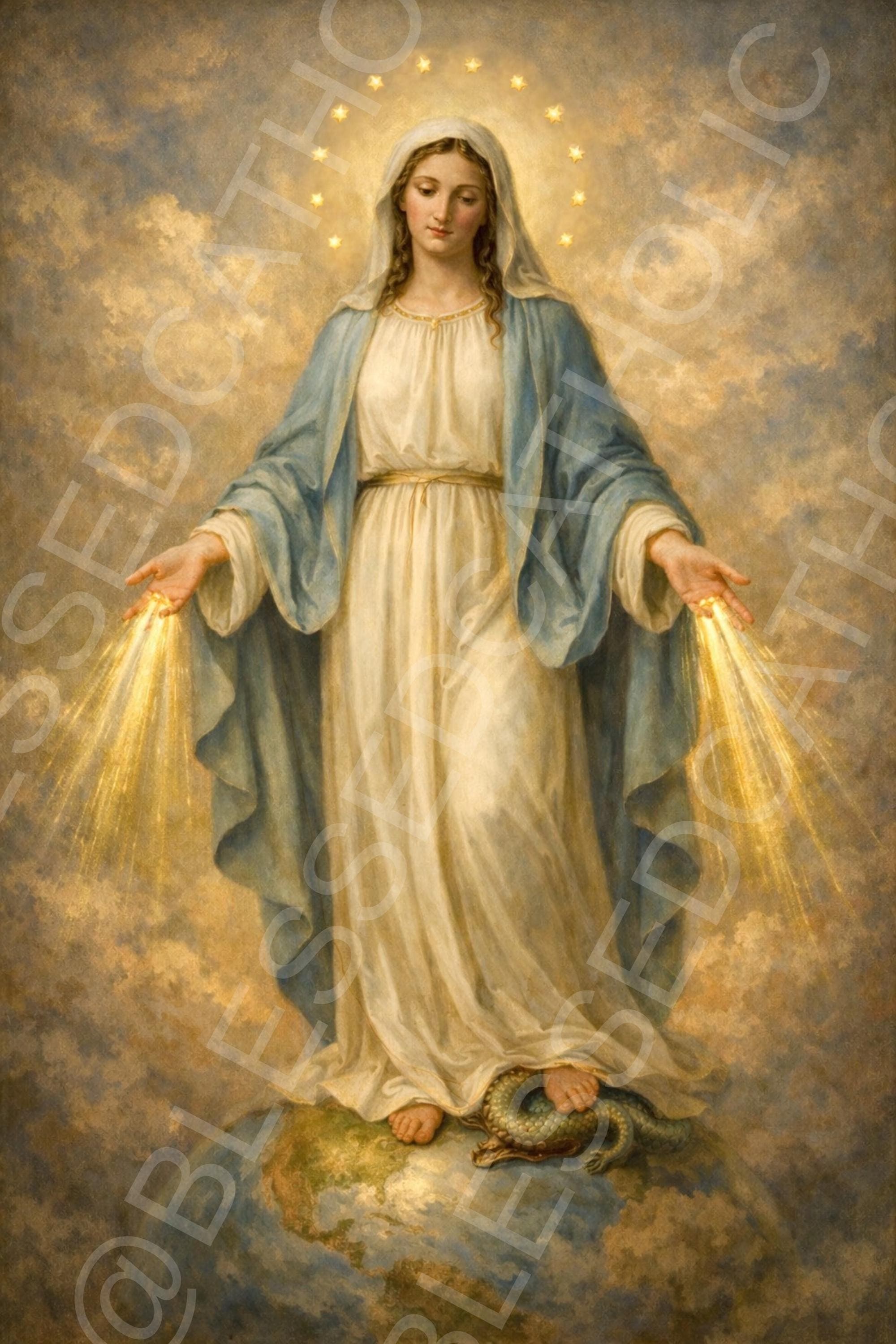 Our Lady of Grace stands on the globe crushing the serpent, wearing a white gown and blue mantle, with stars around her head and rays of light streaming from her hands.