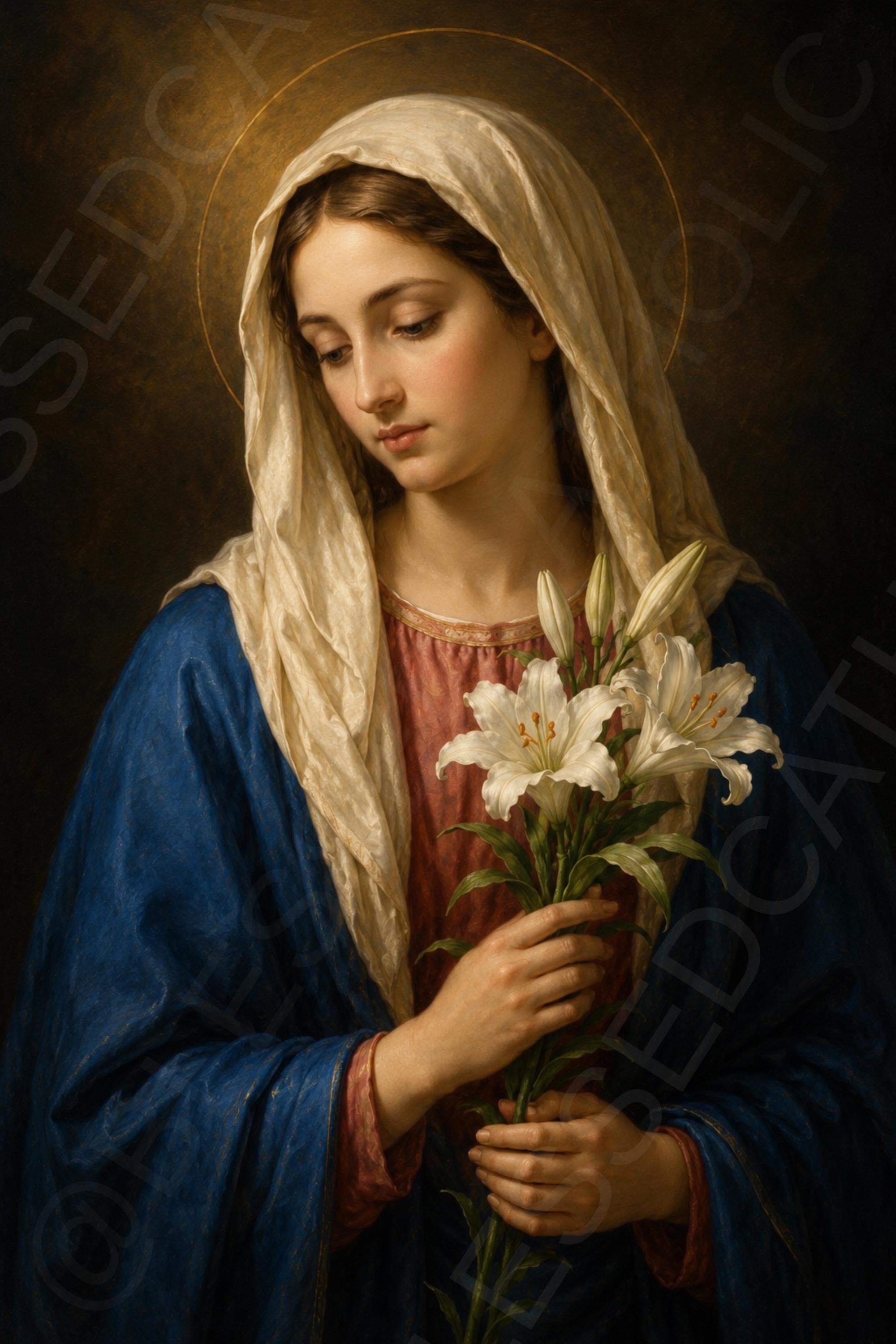 The Blessed Virgin Mary gazes downward while holding white lilies, wearing a cream veil, blue mantle, rose tunic, and a thin golden halo.