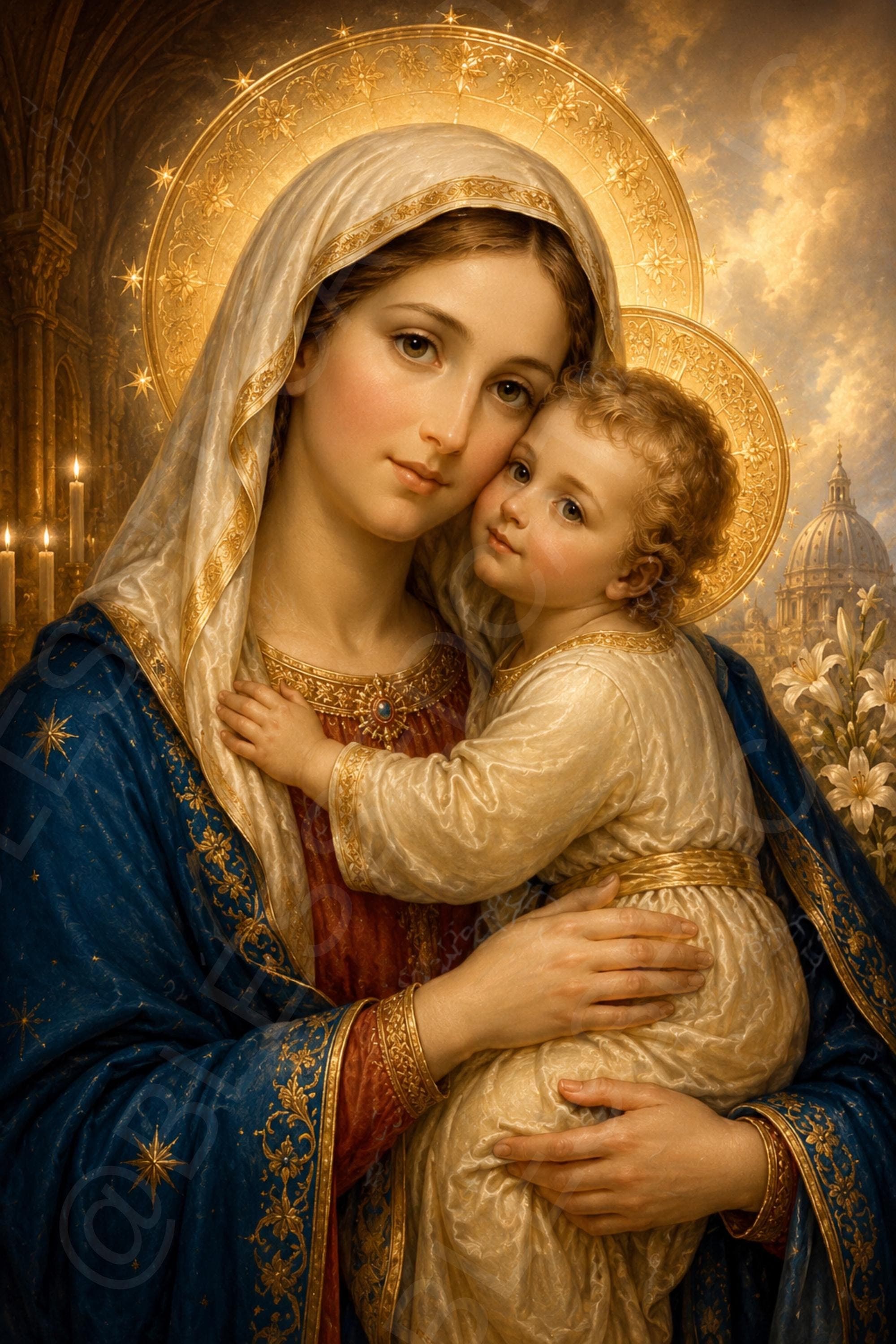 Our Lady of Good Counsel holds the Christ Child cheek to cheek, both with ornate golden halos, beside candles, lilies, and a distant church dome.