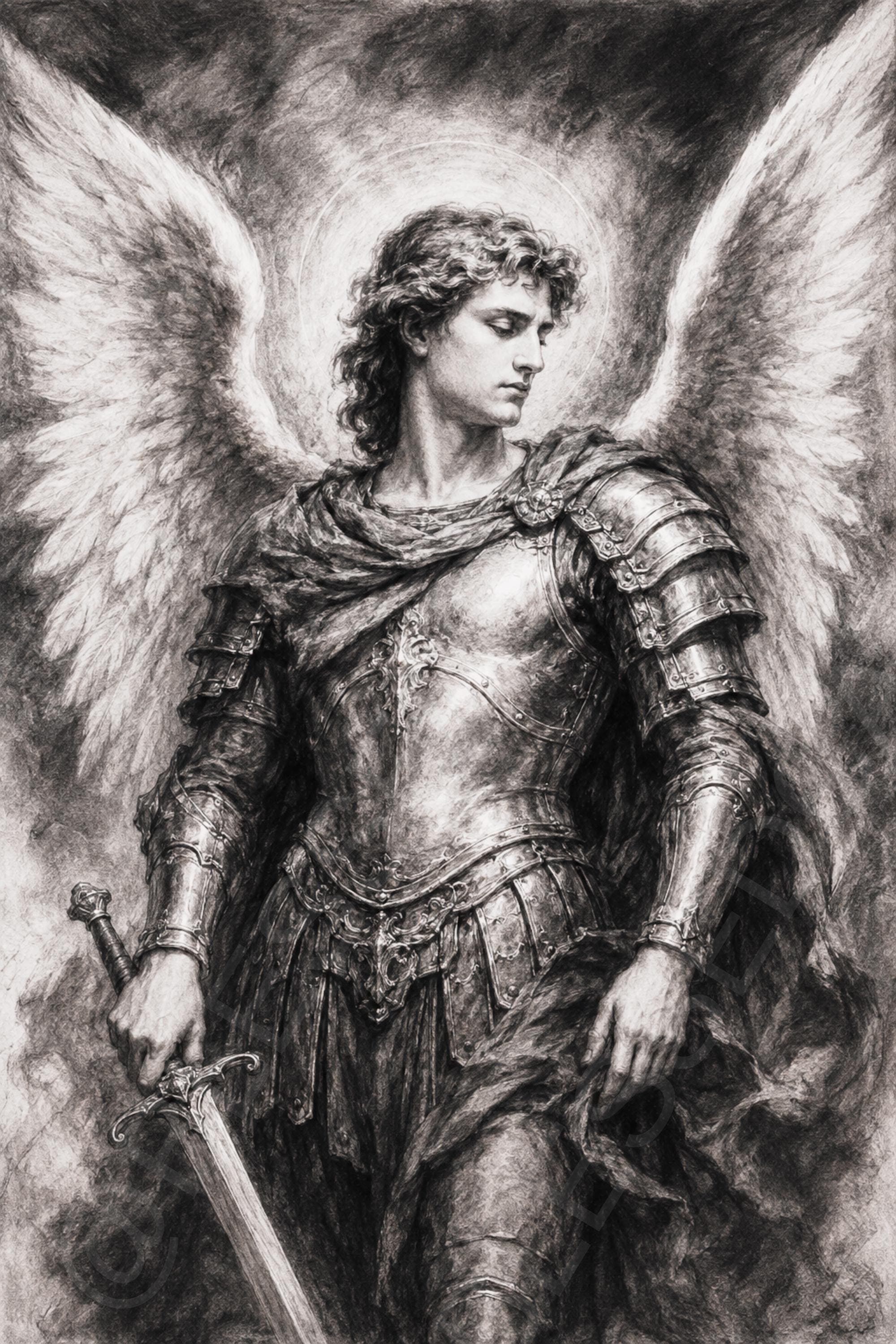 Saint Michael the Archangel stands in armor with broad feathered wings, a halo, and a drawn sword in a dramatic black and white composition.