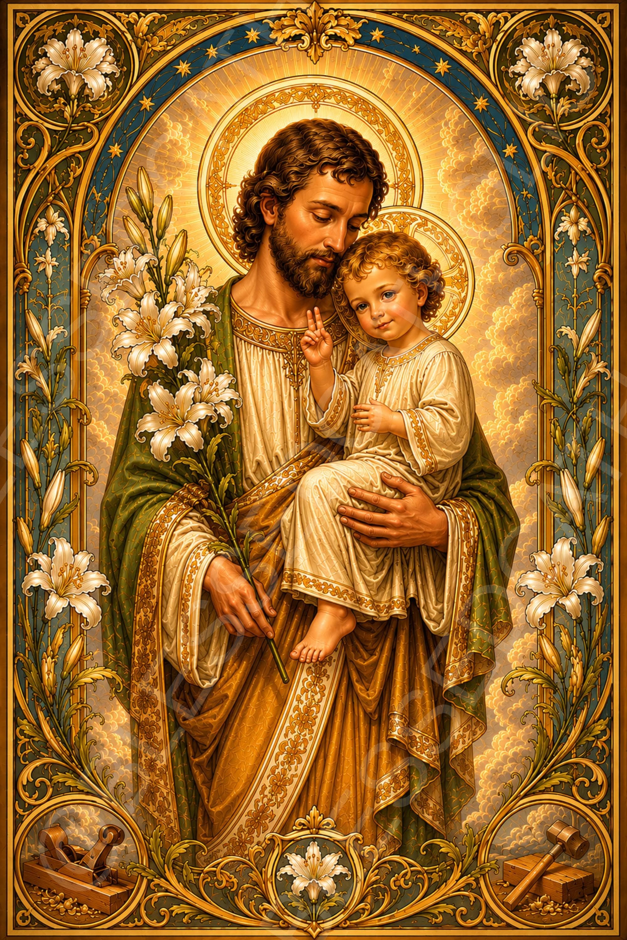Saint Joseph holds the Child Jesus beside white lilies, with golden halos, an ornate Art Nouveau border, and carpenter’s tools at the lower corners.