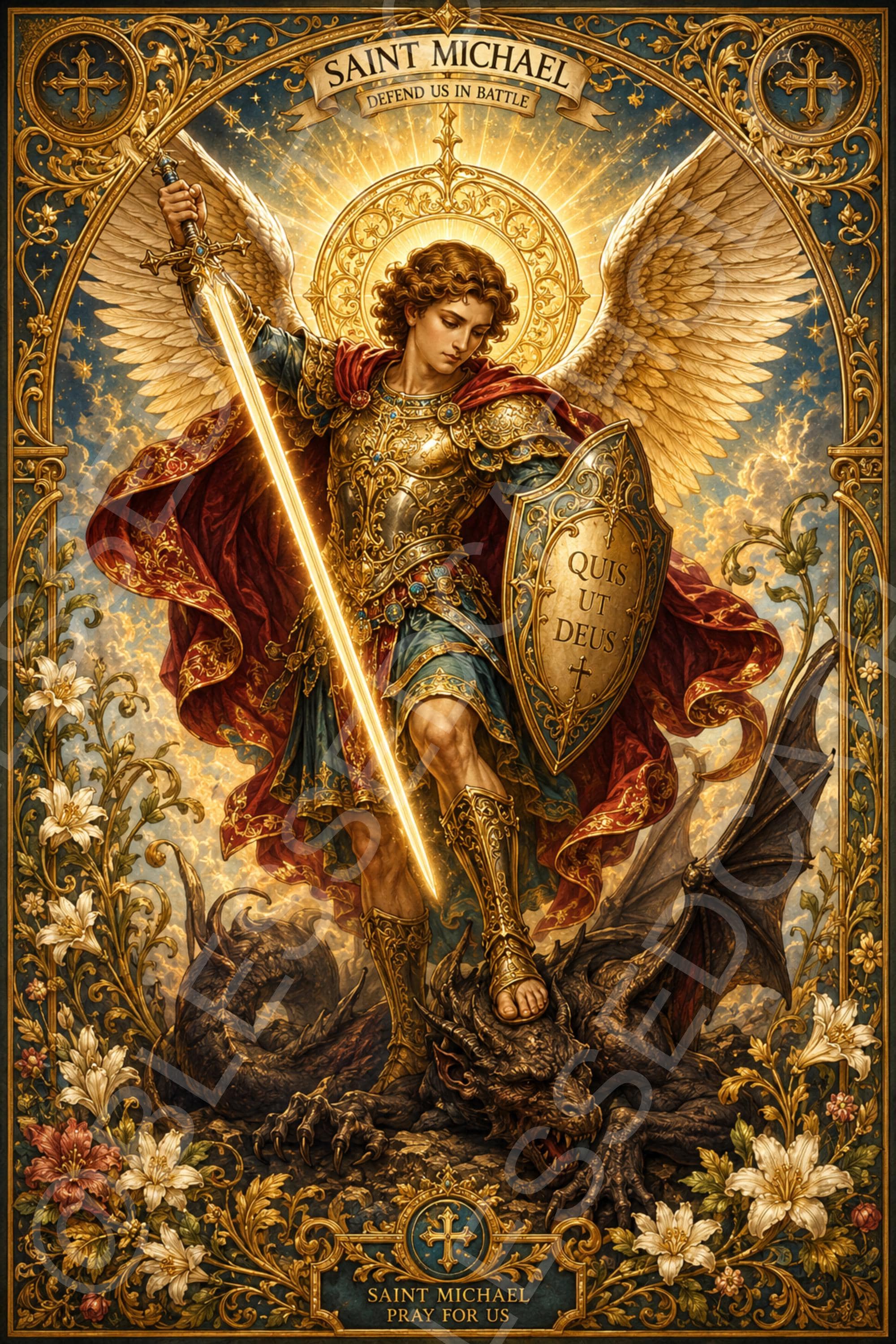 Saint Michael Art Nouveau Wall Artwork: Catholic Archangel Defeating Satan Printable (Digital Download)