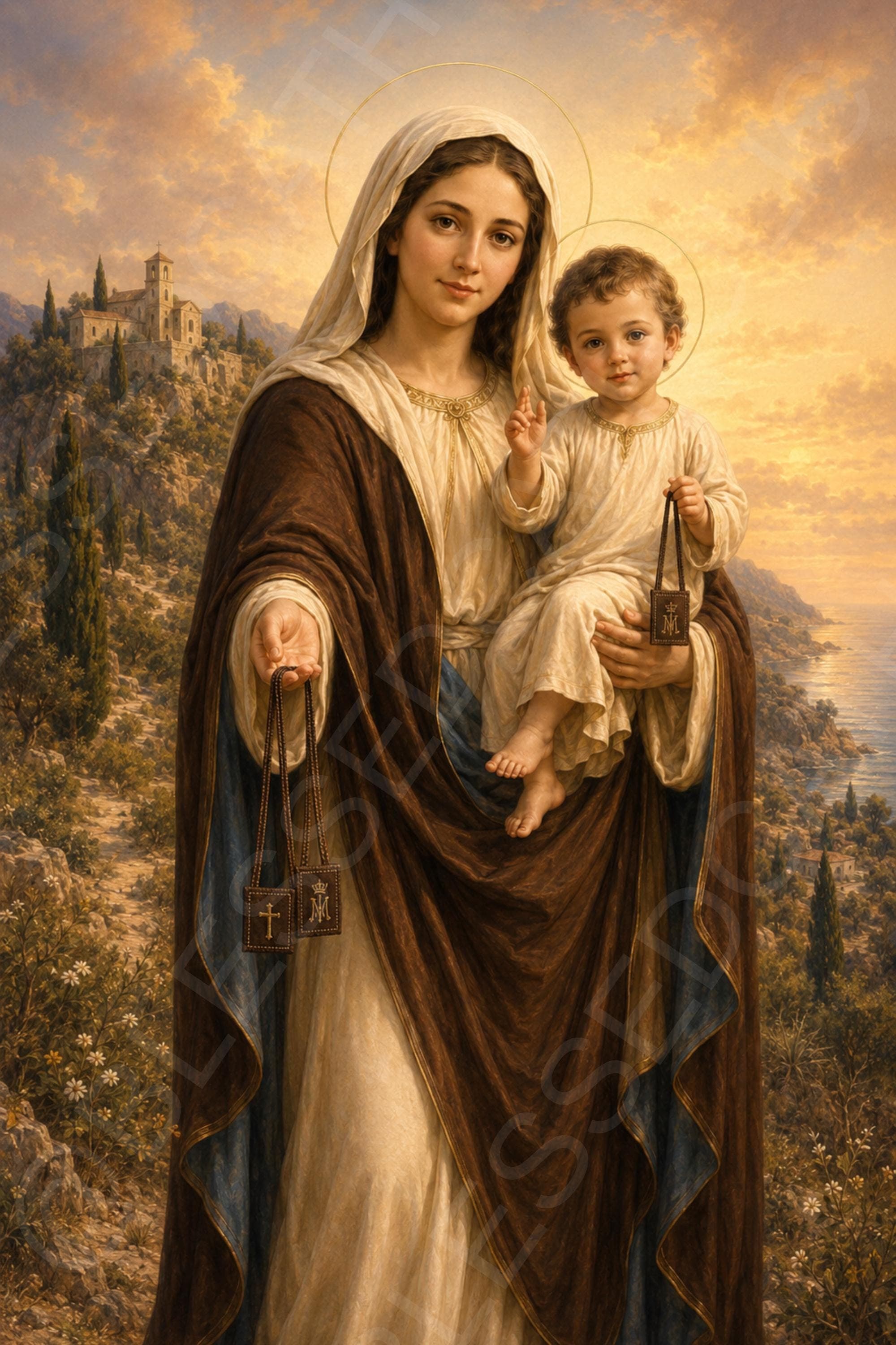 Our Lady of Mount Carmel holds the Christ Child as both wear halos and present Brown Scapulars before a sunlit mountain and coastal landscape.