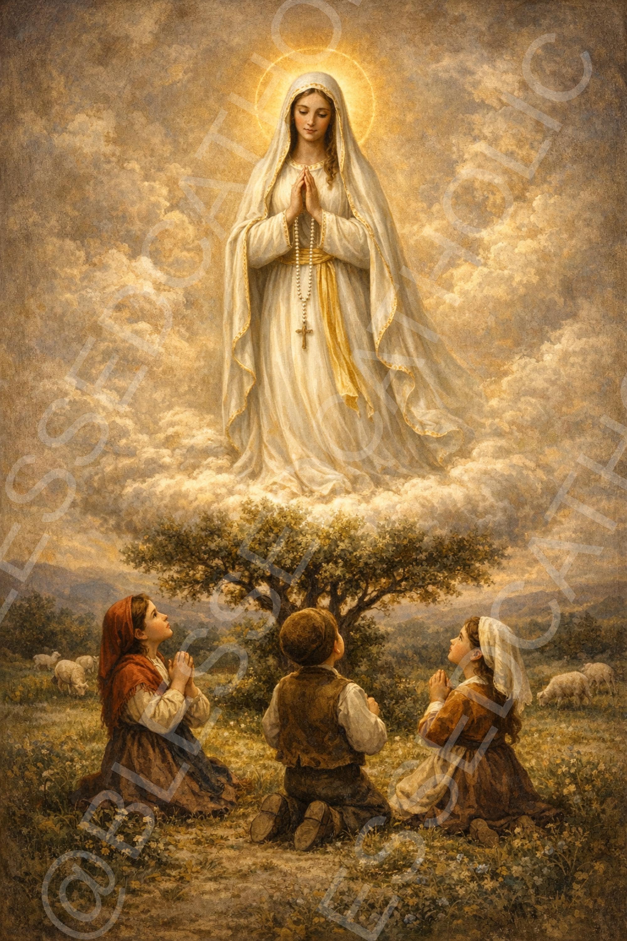 Our Lady of Fátima appears in radiant clouds above three kneeling shepherd children, wearing a white veil and holding a rosary.