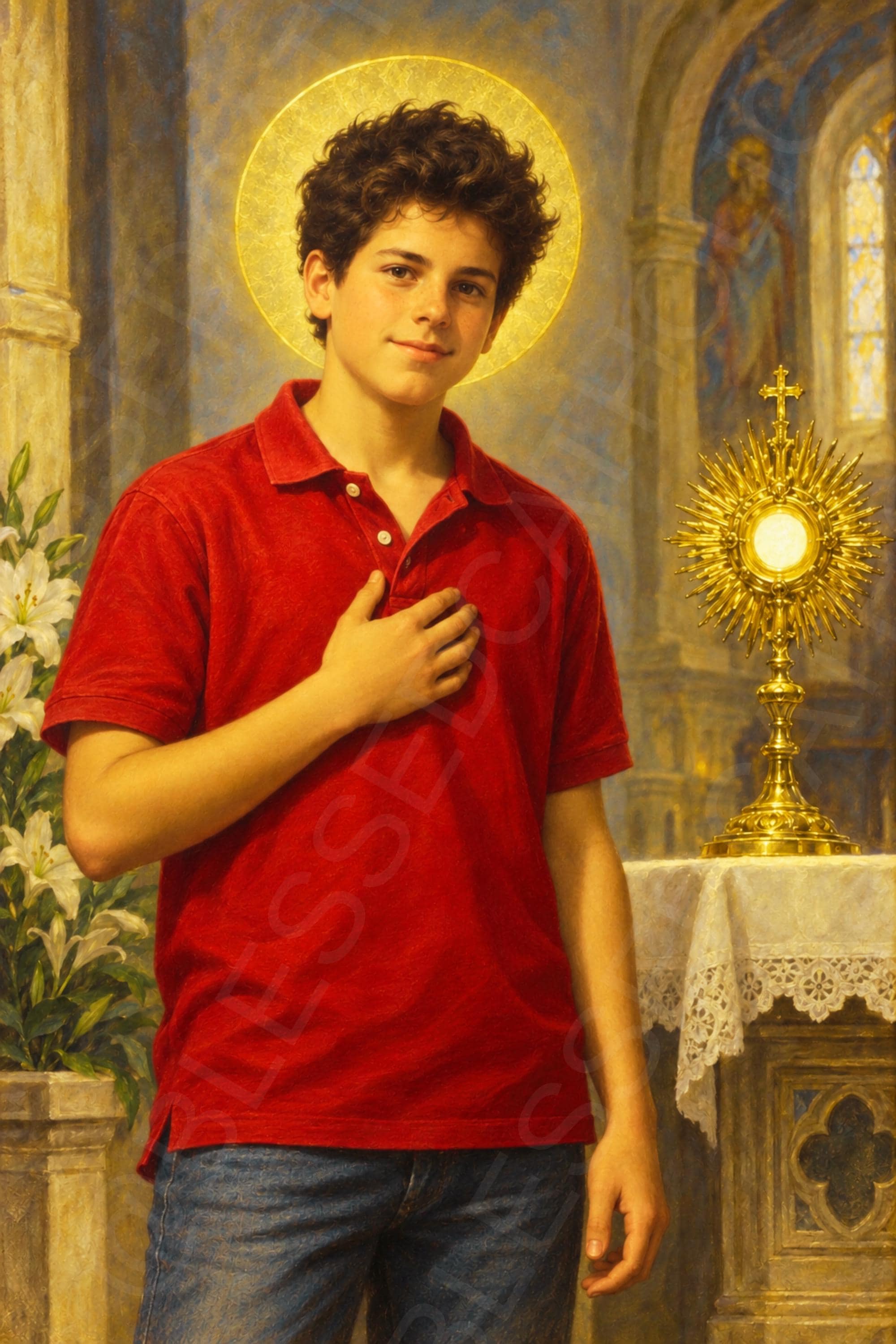 Saint Carlo Acutis stands in a church wearing a red polo shirt, with a halo, one hand over his heart, lilies nearby, and a golden Eucharistic monstrance beside him.