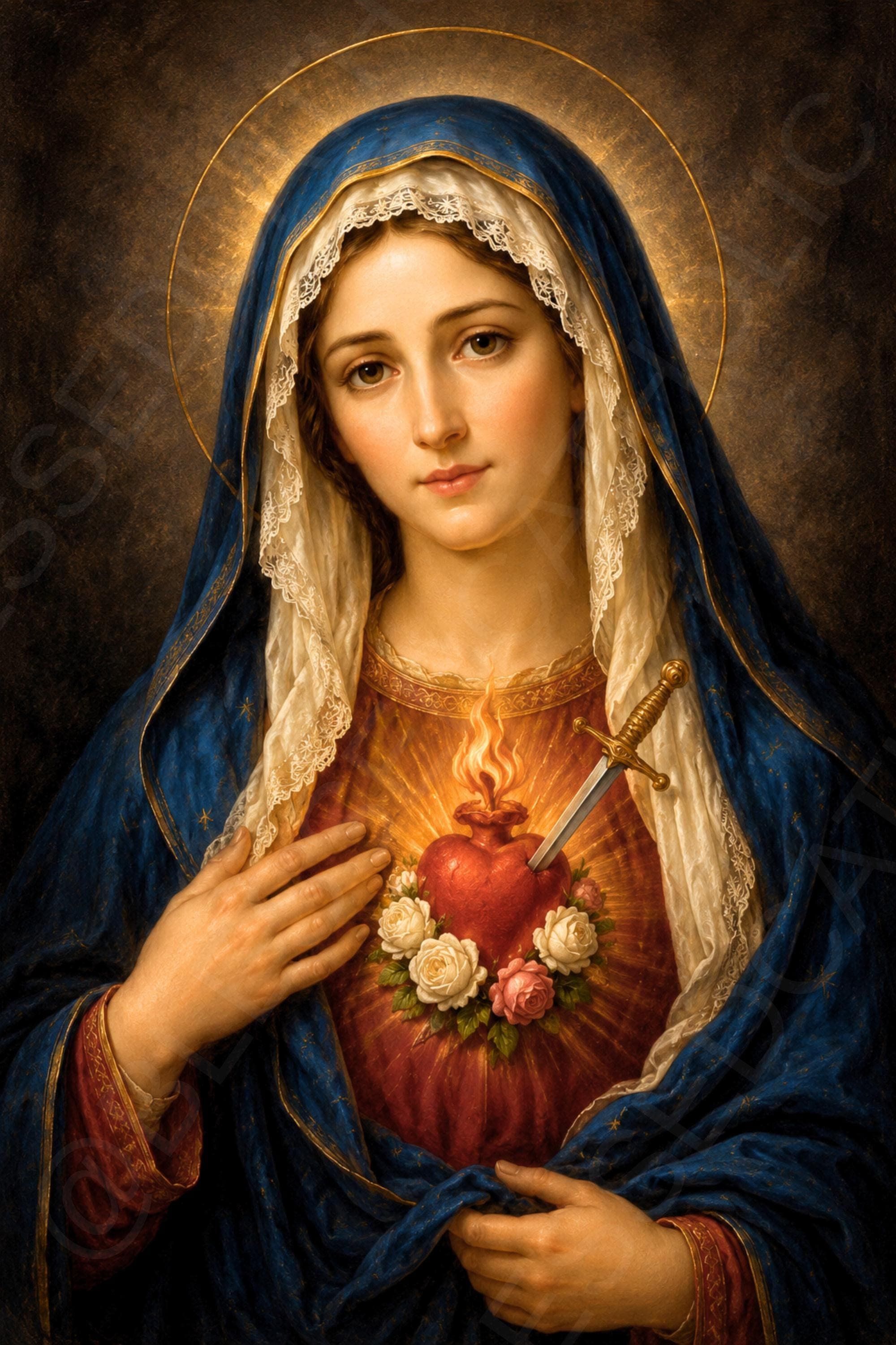 The Blessed Virgin Mary gazes forward beneath a golden halo, wearing a blue mantle and displaying her flaming Immaculate Heart crowned with roses and pierced by a sword.