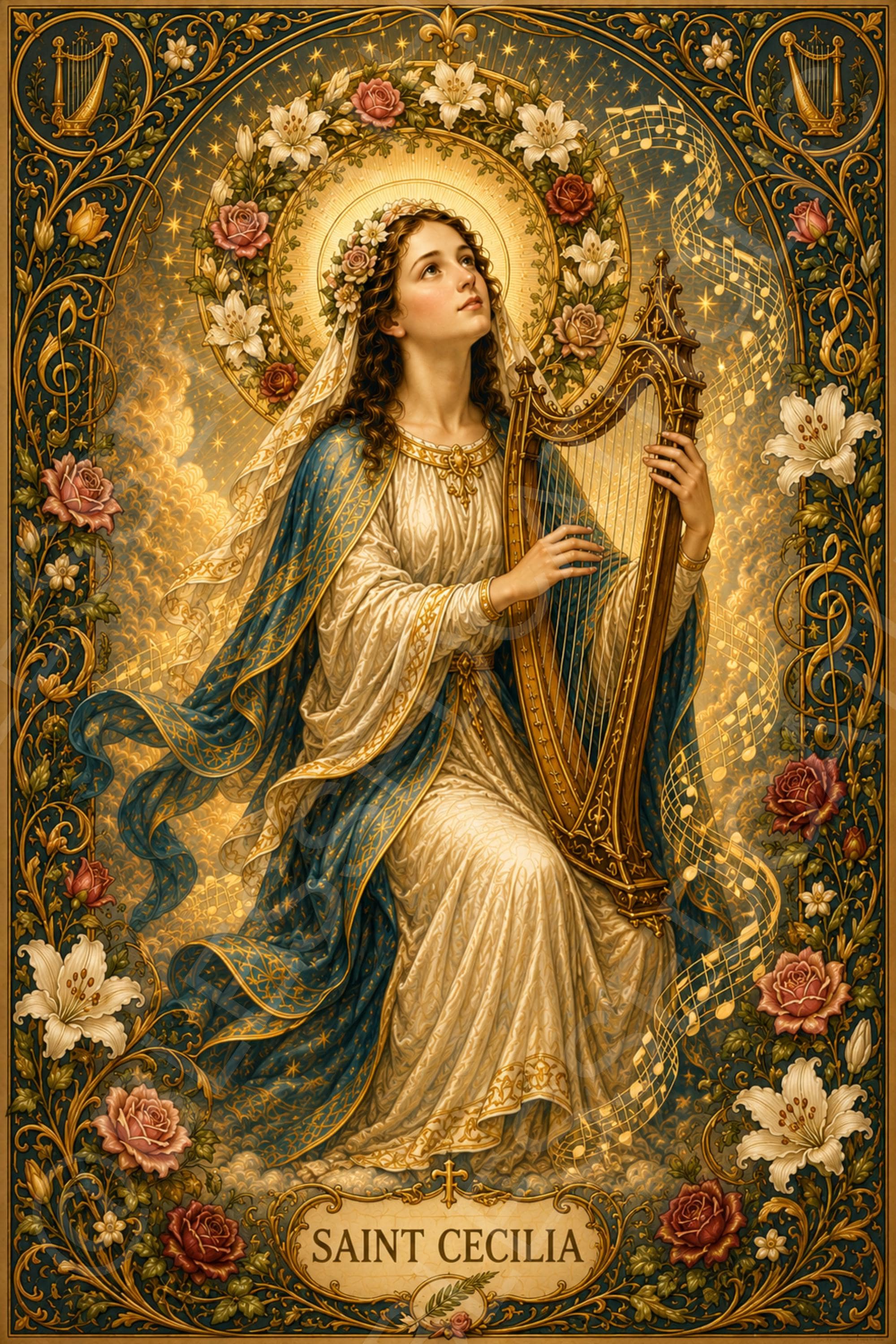 Saint Cecilia gazes upward while holding a golden harp, surrounded by lilies, roses, musical notes, radiant light, and an ornate floral border.
