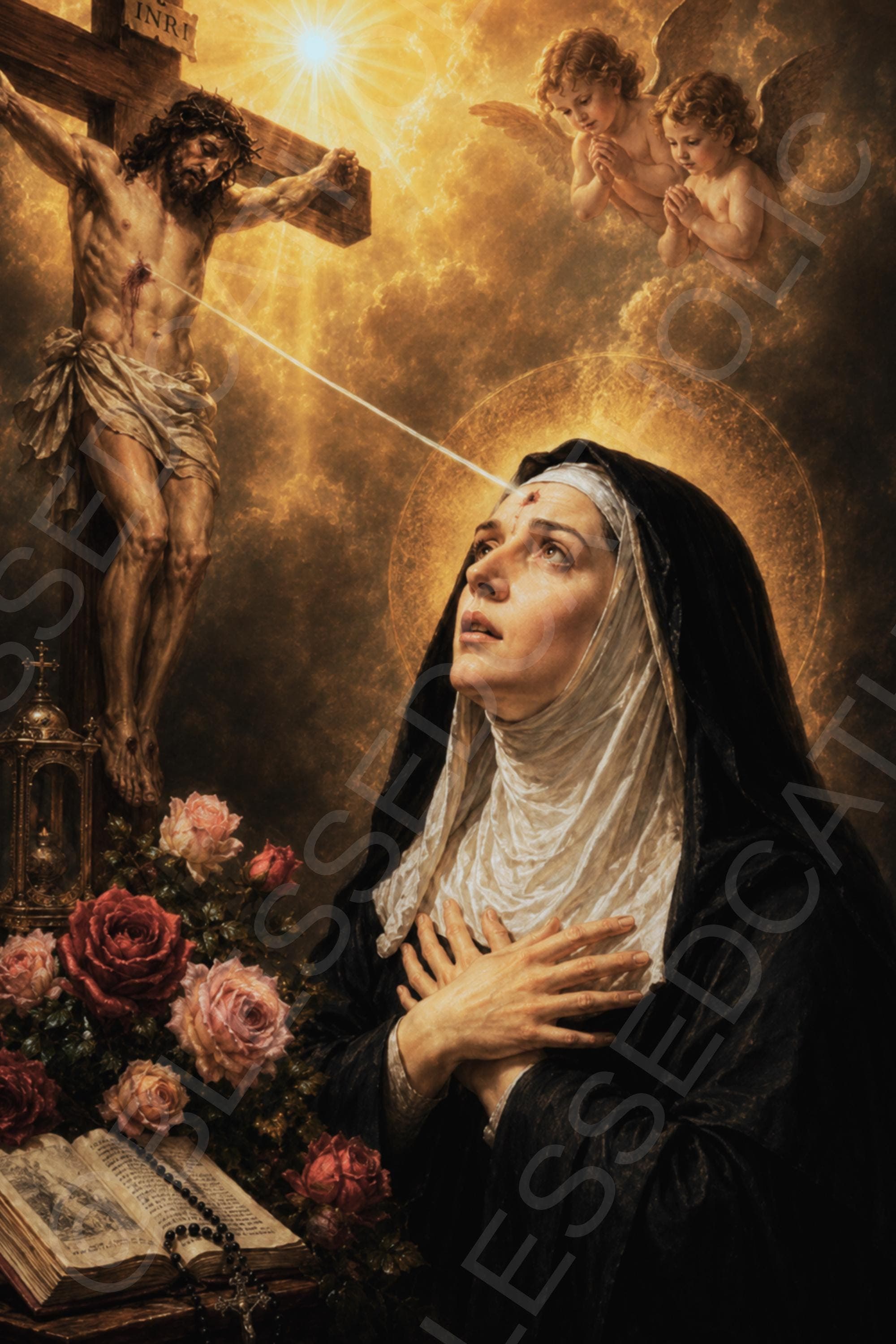 Saint Rita in a black veil and white wimple gazes toward the Crucified Christ as a ray touches her wounded forehead, with angels, roses, an open book, and rosary nearby.