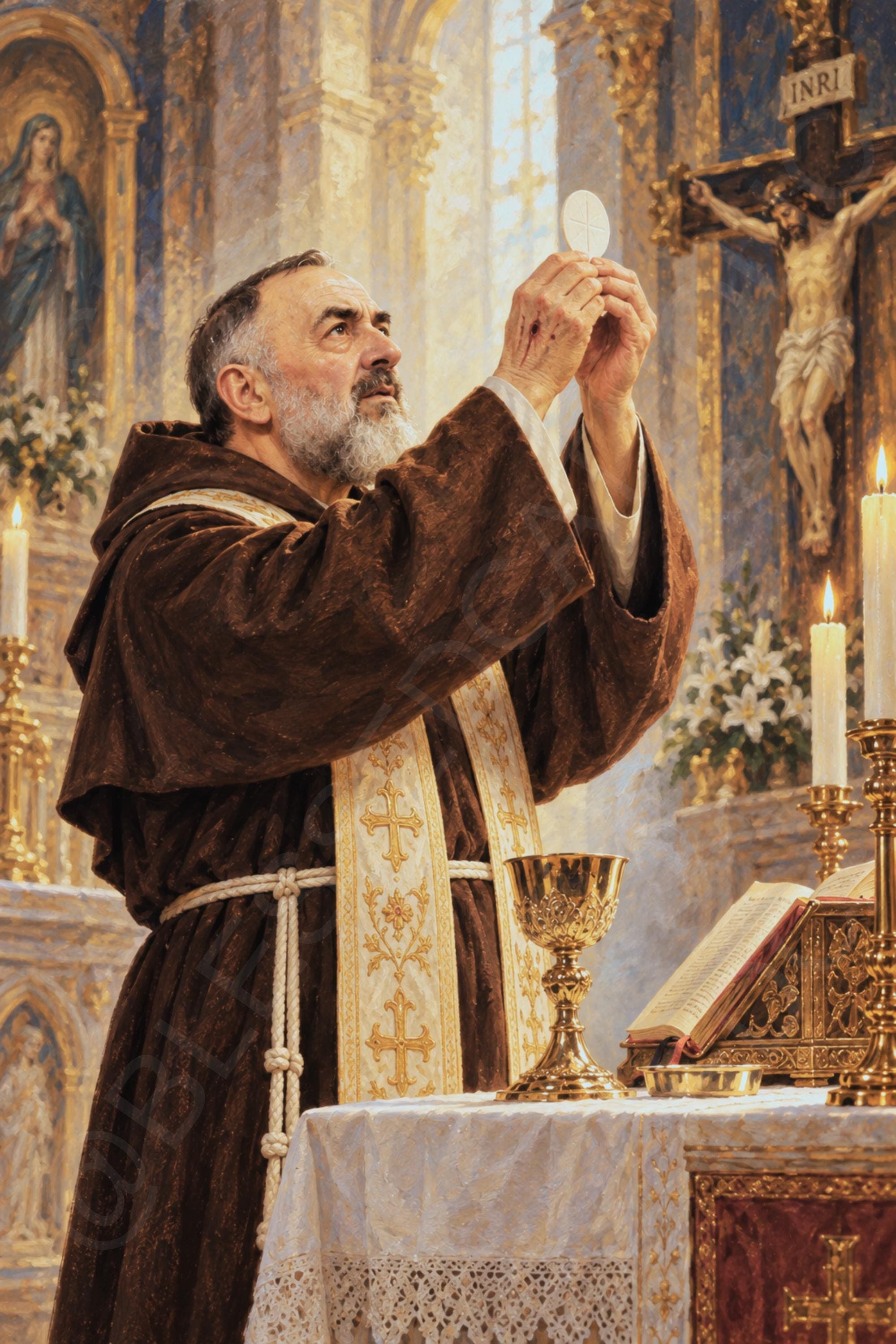 Saint Padre Pio elevates the Eucharistic Host at Mass, wearing a Capuchin habit and stole, with stigmata visible on his hands before an altar with crucifix, chalice, candles, and missal.