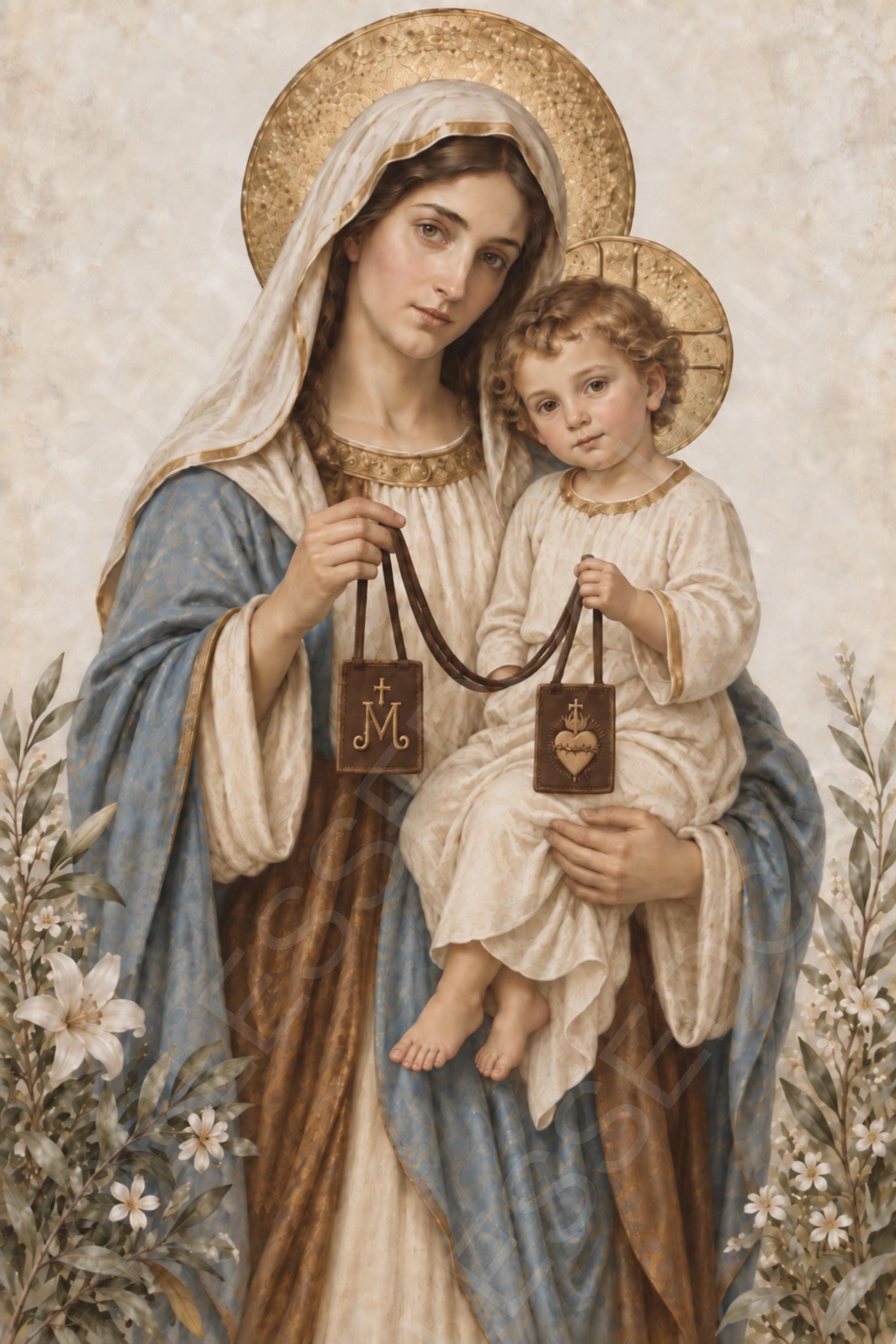 Our Lady of Mount Carmel holds the Christ Child as they display the Brown Scapular, with golden halos, blue and ivory garments, and lilies around them.
