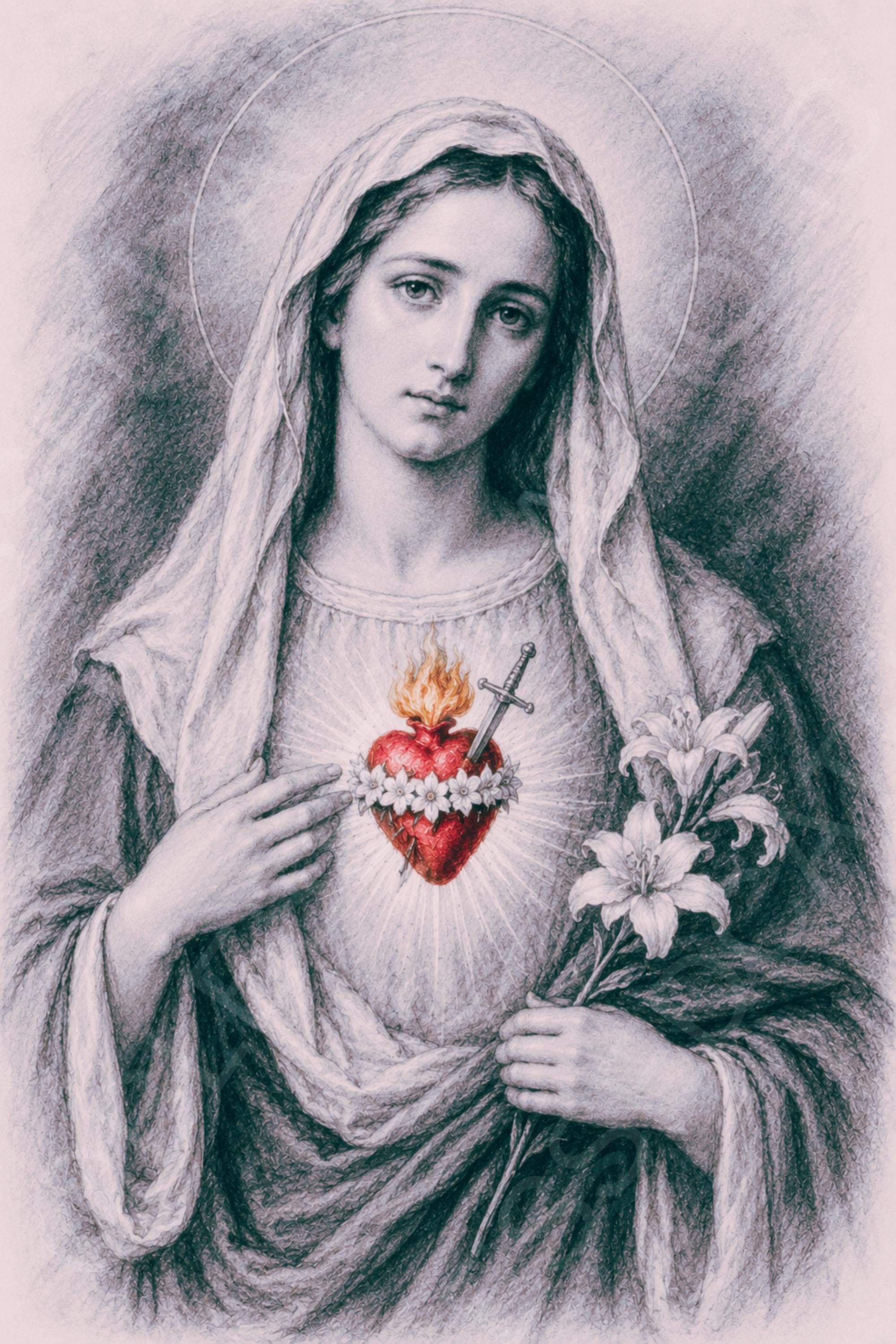 The Blessed Virgin Mary is shown with a halo, veiled head, lilies in her hand, and the flaming Immaculate Heart pierced by a sword on her chest.