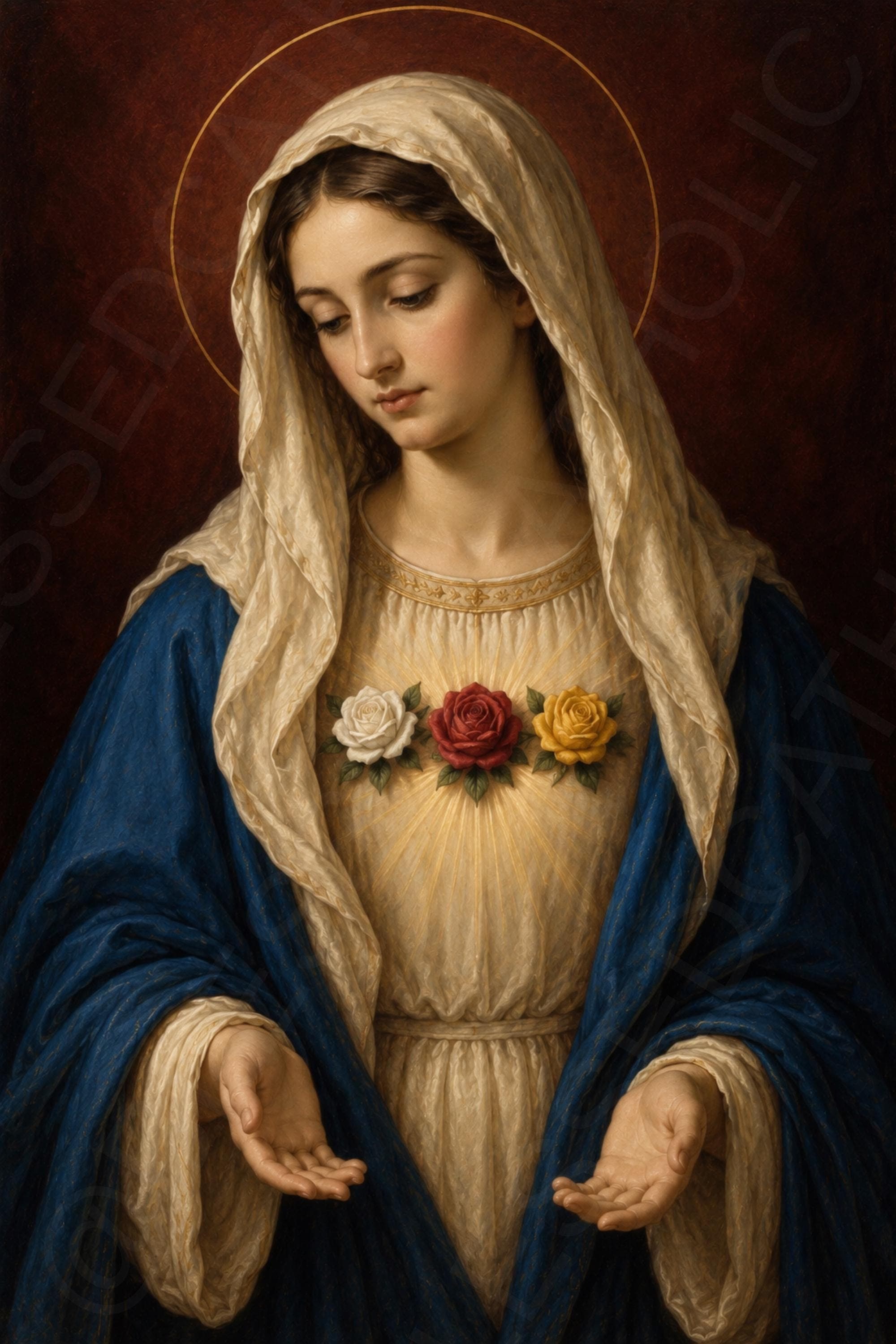 Rosa Mystica, Our Lady of the Mystical Rose, stands with lowered eyes, open hands, a golden halo, and white, red, and yellow roses over her heart.