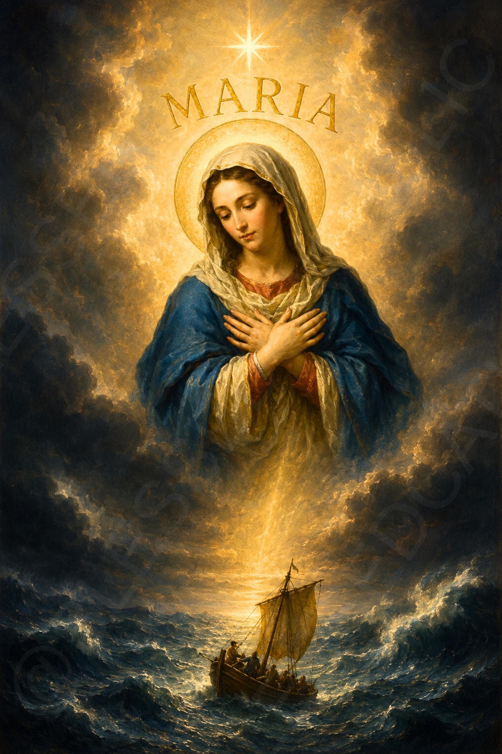 The Blessed Virgin Mary in a blue mantle appears above a stormy sea with her hands crossed, the name MARIA, a radiant star, and a small sailboat below.