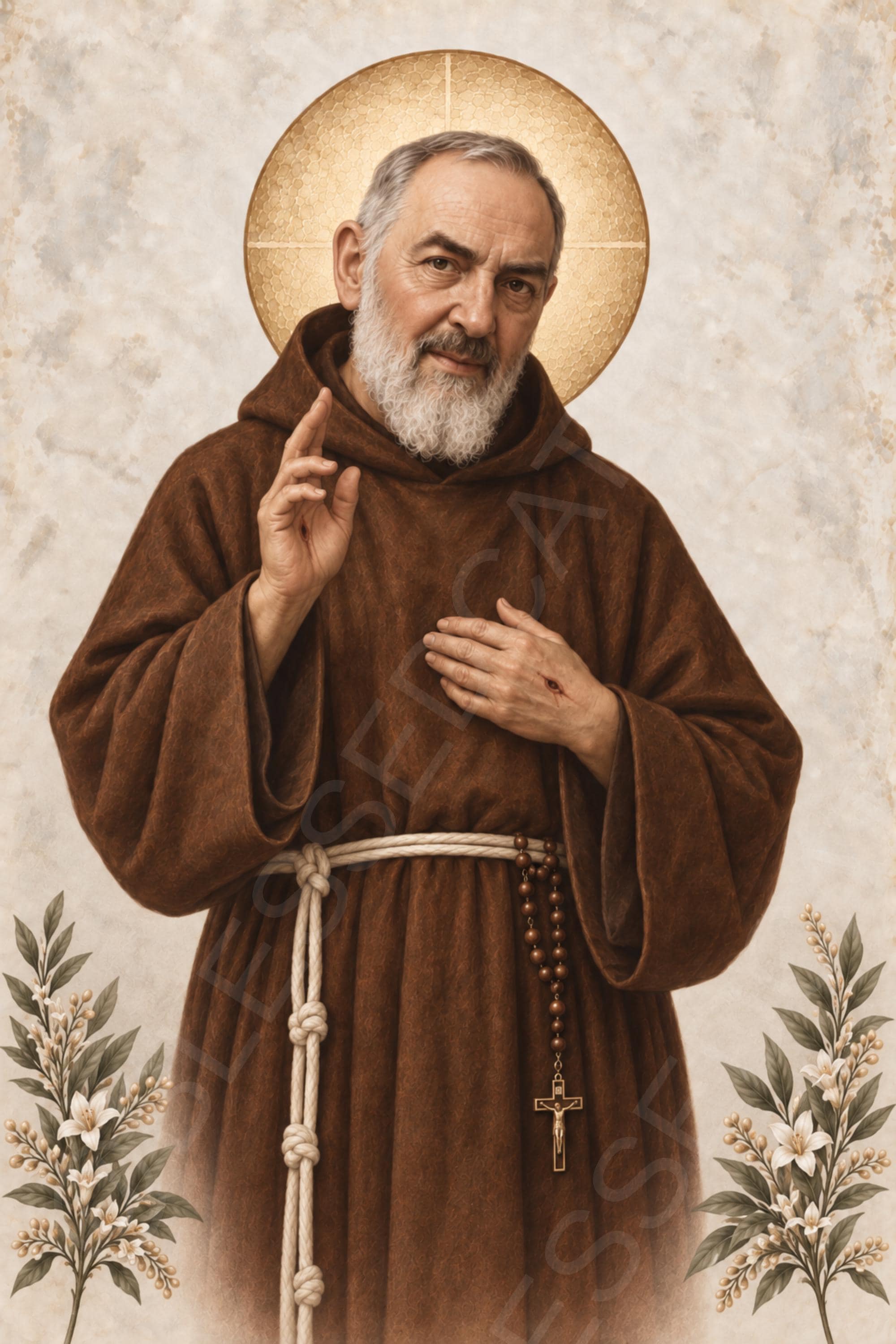 Saint Padre Pio stands in a brown Capuchin habit with a golden halo, raising one hand in blessing while showing the stigmata, with a rosary and crucifix at his cord.