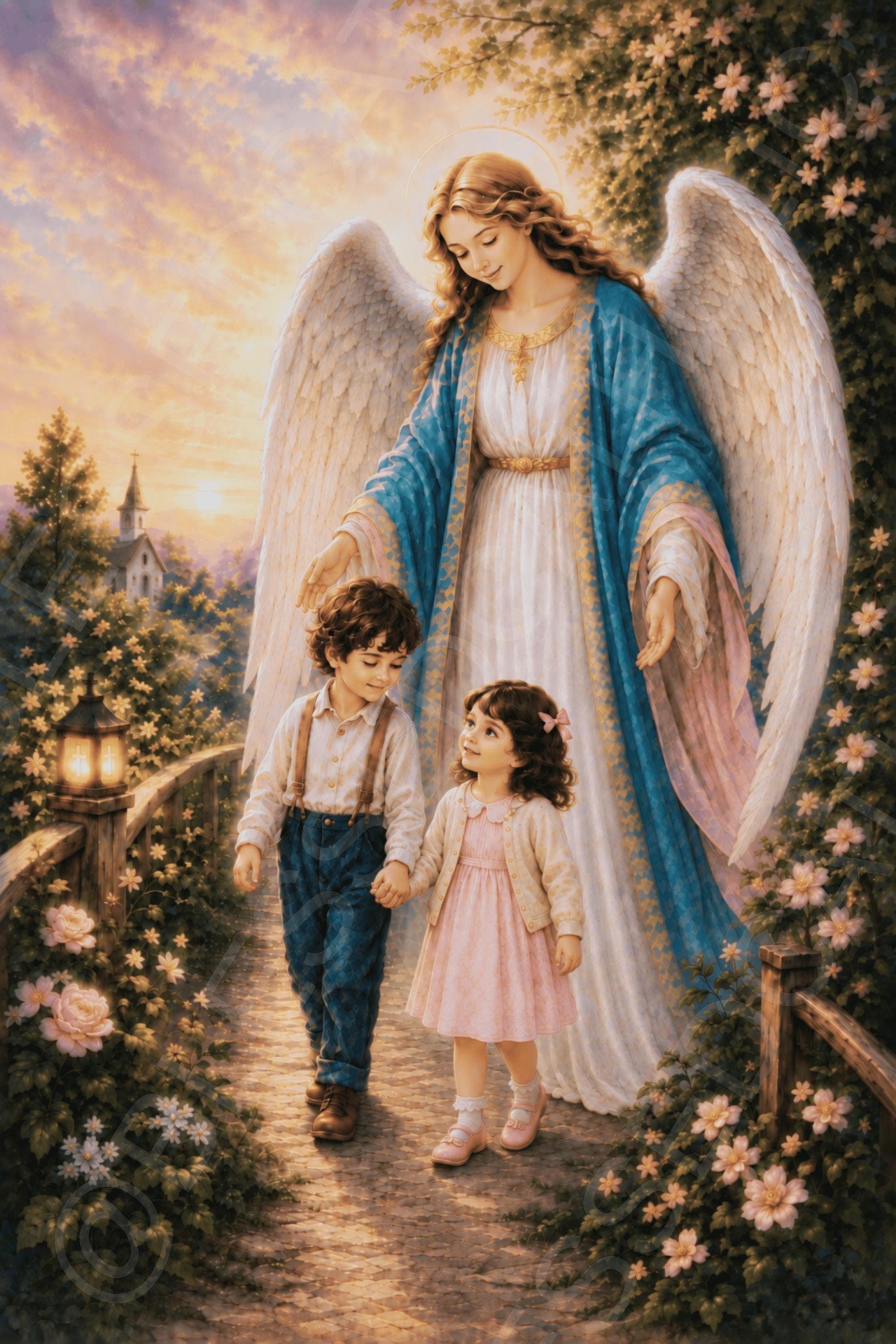 A Guardian Angel with white wings and a blue mantle gently watches over a boy and girl walking hand in hand along a flowered garden path.