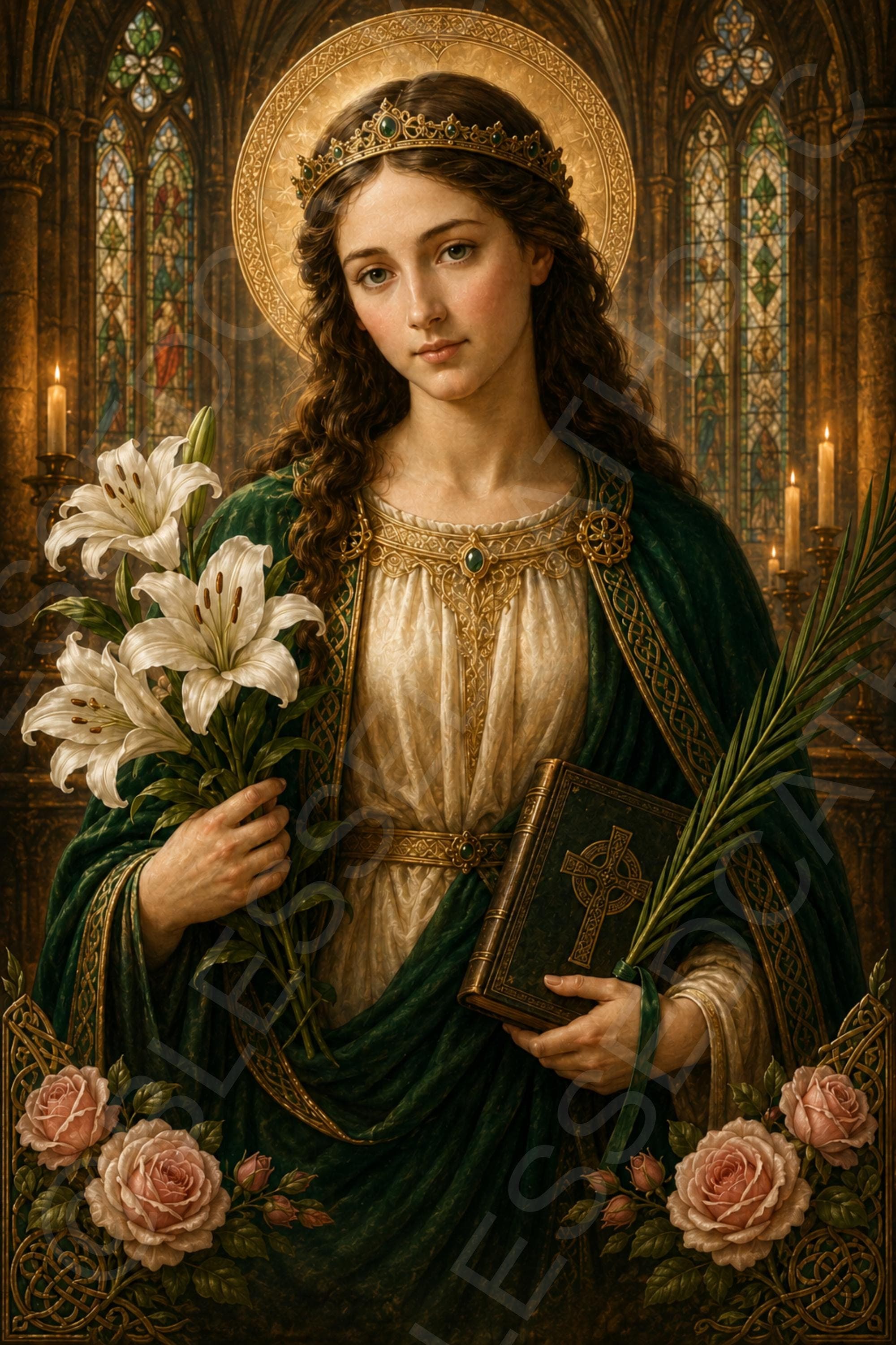 Saint Dymphna is shown crowned with a halo in a candlelit church, holding white lilies, a palm branch, and a book marked with a cross.