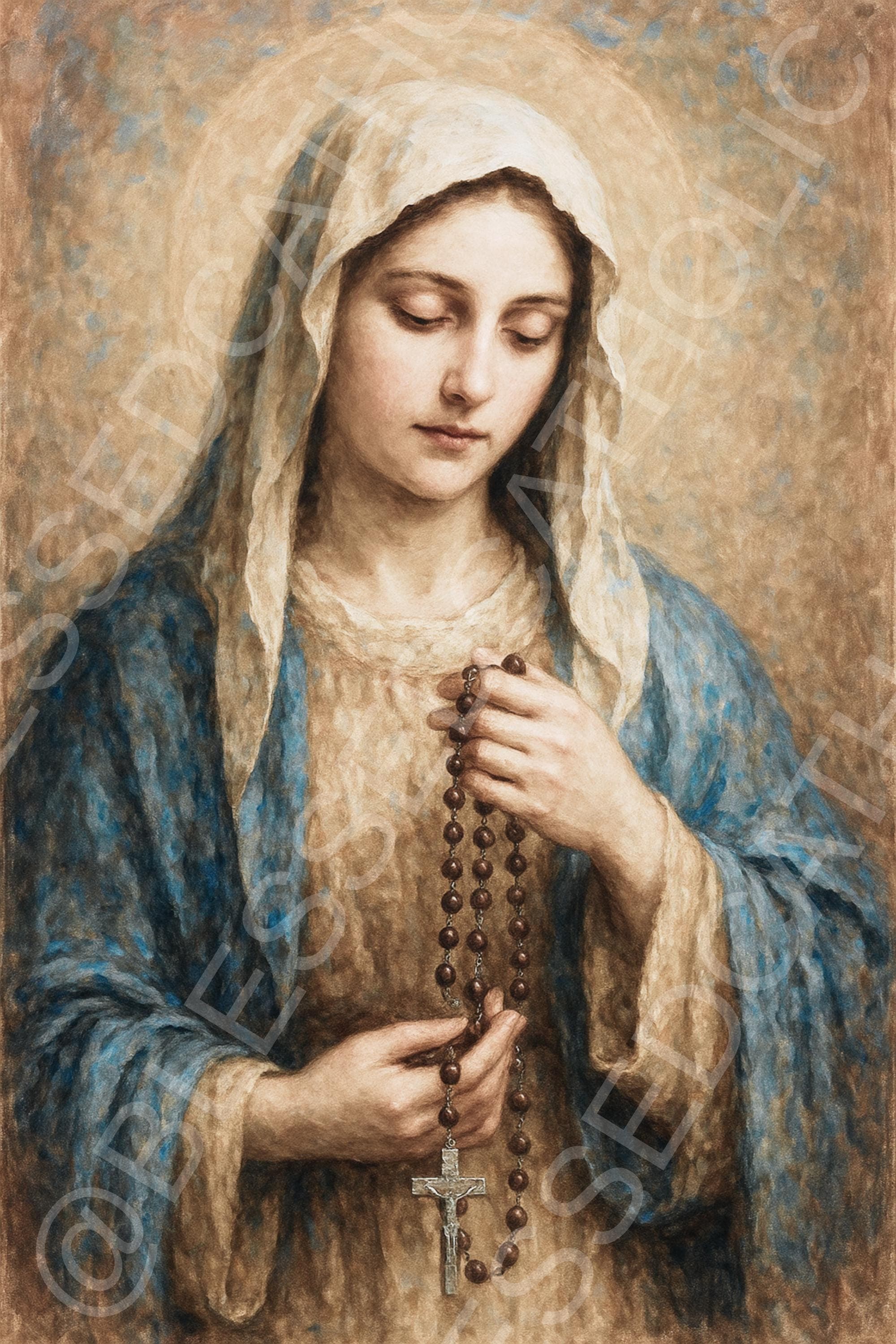 Our Lady of the Rosary gazes downward while holding a brown rosary with a crucifix, wearing a white veil and blue mantle beneath a soft halo.
